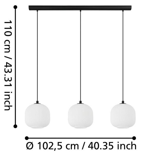 EGLO Mantunalle függőlámpa, 120 cm hosszú, fekete/fehér, 3 lámpás., dimmelhető, Fehér / opál, Nappali / Étkező, Üveg, Skandináv
