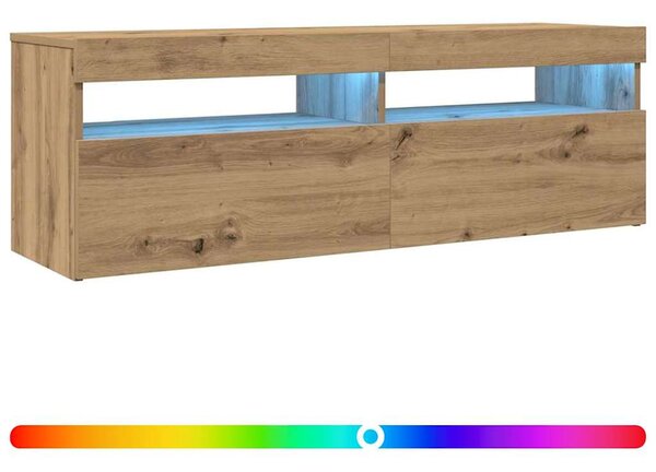 Kézműves tölgy szerelt fa TV-szekrény LED-ekkel 120x35x40 cm