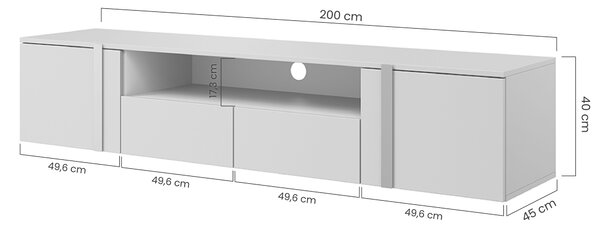 Verica 200 cm-es TV-szekrény, falra szerelhető, nyitott polccal - szivacsos tölgy / fekete fogantyúk