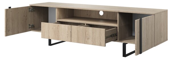 Verica 200 cm-es TV-szekrény nyitott polccal - szivacsos tölgy / fekete lábak