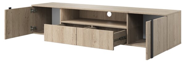 Verica 200 cm-es TV-szekrény, falra szerelhető, nyitott polccal - szivacsos tölgy / fekete fogantyúk
