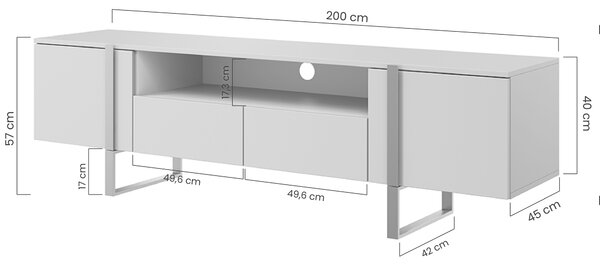 Verica 200 cm-es TV-szekrény nyitott polccal - szivacsos tölgy / fekete lábak