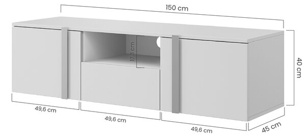 Verica 150 cm-es TV-szekrény, falra szerelhető, nyitott polccal - szénfekete / arany fogantyúk