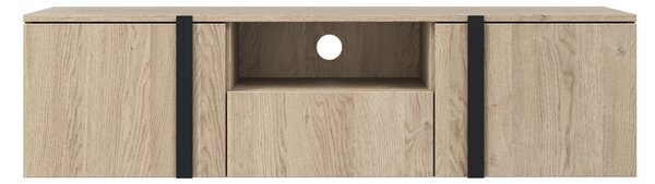 Verica 150 cm-es TV-szekrény, falra szerelhető, nyitott polccal - szivacsos-tölgy / fekete fogantyúk
