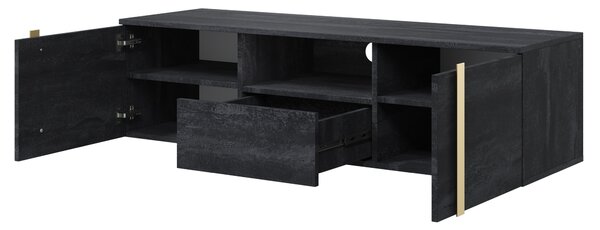Verica 150 cm-es TV-szekrény, falra szerelhető, nyitott polccal - szénfekete / arany fogantyúk