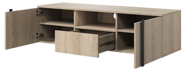Verica 150 cm-es TV-szekrény, falra szerelhető, nyitott polccal - szivacsos-tölgy / fekete fogantyúk