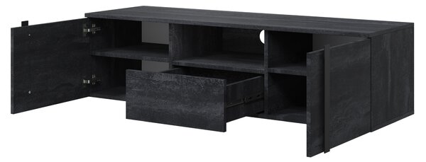 Verica 150 cm-es TV-szekrény, falra szerelhető, nyitott polccal - szénfekete / fekete fogantyúk