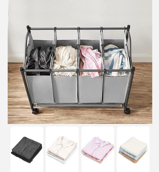 Szennyeskosár görgőkkel, 4 kivehető táskával, mosodai kocsi 4 x 35L, szürke