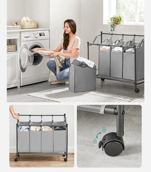 Szennyeskosár görgőkkel, 4 kivehető táskával, mosodai kocsi 4 x 35L, szürke