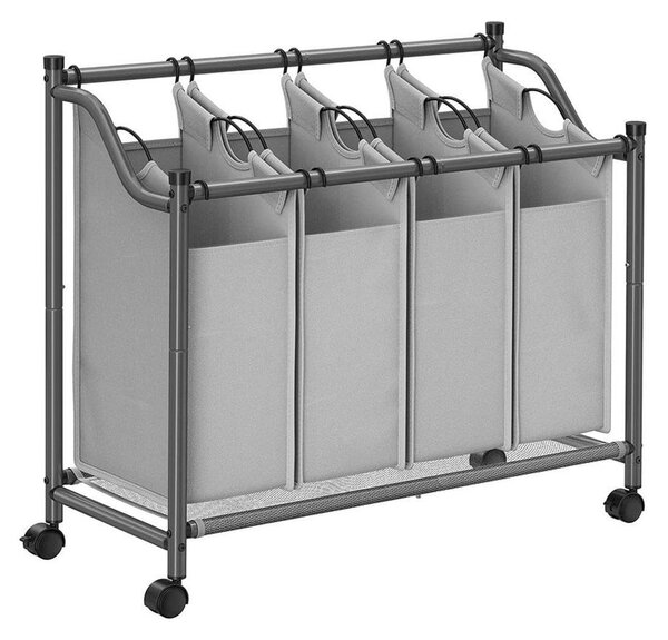 Szennyeskosár görgőkkel, 4 kivehető táskával, mosodai kocsi 4 x 35L, szürke