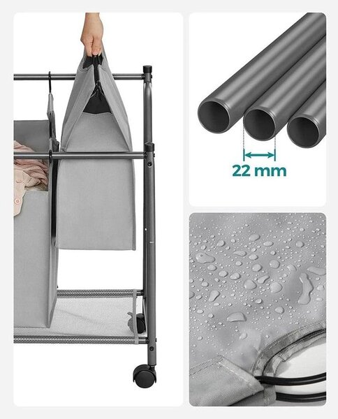 Szennyeskosár görgőkkel, 4 kivehető táskával, mosodai kocsi 4 x 35L, szürke