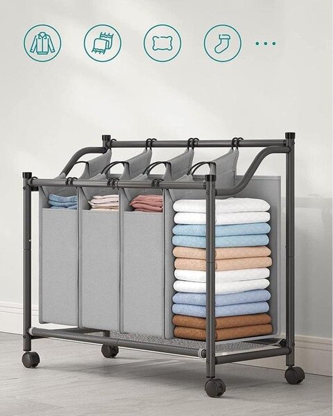 Szennyeskosár görgőkkel, 4 kivehető táskával, mosodai kocsi 4 x 35L, szürke