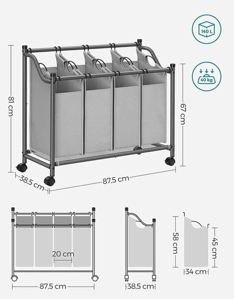 Szennyeskosár görgőkkel, 4 kivehető táskával, mosodai kocsi 4 x 35L, szürke
