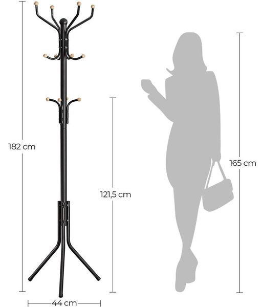 Álló fogas 12 kampóval, stabil fém kabáttartó,182 cm magas, fekete