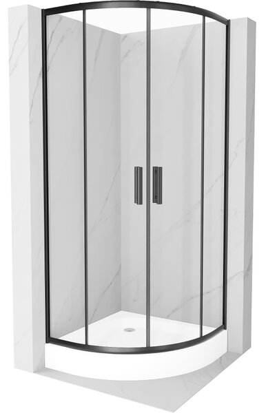 Mexen Rio, negyed kerek zuhanykabin tolóajtóval 70 x 70 cm, 5mm átlátszó üveg, fekete profil + fehér magas zuhanytálca Rio, 863-070-070-70-00-4710