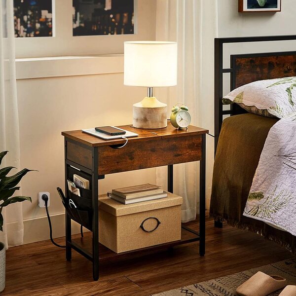 Éjjeliszekrény aljzatokkal Összecsukható asztallap, polccal és szövettáskával,60 x 60 x 31,5, barna-fekete