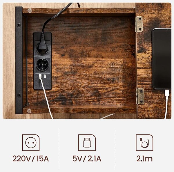 Éjjeliszekrény aljzatokkal Összecsukható asztallap, polccal és szövettáskával,60 x 60 x 31,5, barna-fekete