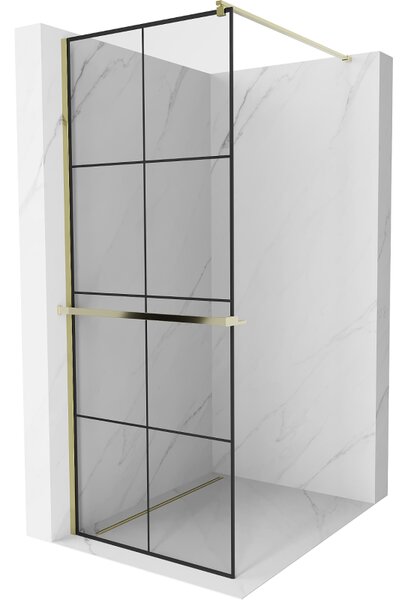 Mexen Kioto +, zuhanyparaván polccal és törölközőtartóval 80 x 200 cm, 8mm átlátszó üvegmintás fekete, arany profil, 800-080-121-50-77