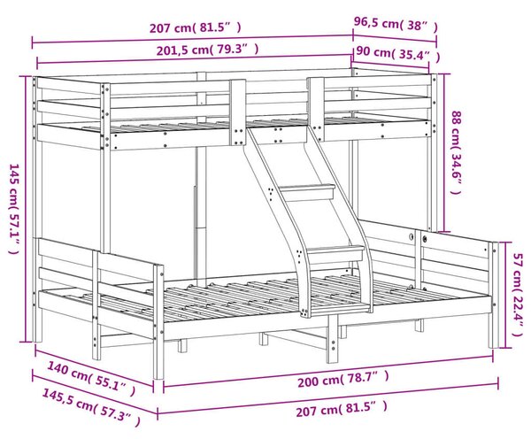 VidaXL fehér tömör fenyőfa emeletes ágy 90 x 200/140 x 200 cm