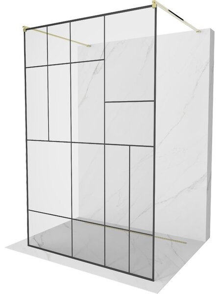 Mexen Kioto, átmenő zuhanyparaván 120 x 200 cm, 8mm átlátszó üveg / fekete mintás, 2x arany stabilizáló távtartó, 800-120-002-50-78