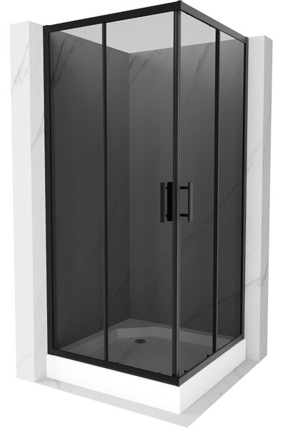 Mexen Rio, szögletes zuhanykabin 90(ajtó)x90(ajtó)x190 cm, 5mm szürke üveg, fekete profil + fehér zuhanytálca RIO, 860-090-090-70-40-4510
