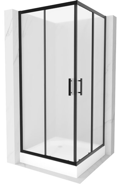 Mexen Rio, zuhany sarok tolóajtóval 90x90x190 cm, 5 mm-es matt üveg, fekete profil + fehér zuhanytálca RIO, 860-090-090-70-30-4510