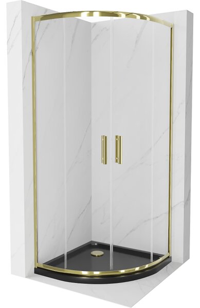 Mexen Rio, szögletes zuhany tolóajtóval 80 (ajtó) x 80 (ajtó) x 190 cm, 5mm átlátszó üveg, arany profil + fekete SLIM zuhanytálca, 863-080-080-50-00-4170G