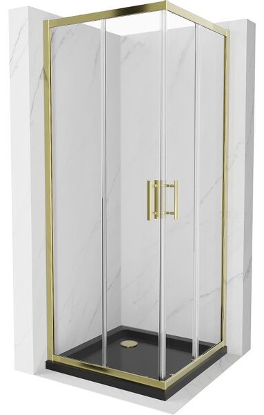 Mexen Rio, szögletes zuhany tolóajtóval 70 (ajtó) x 70 (ajtó) x 190 cm, 5mm átlátszó üveg, arany profil + fekete SLIM zuhanytálca arany szifonnal, 860-070-070-50-00-4070G
