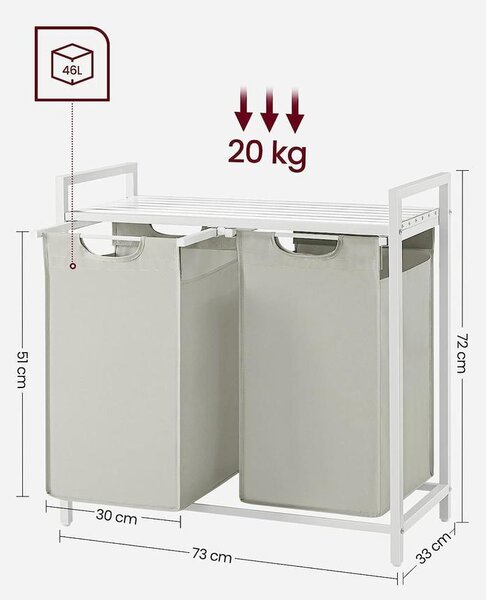 Szennyeskosár 2 rekesszel, fém kerettel, fehér és szürke színben