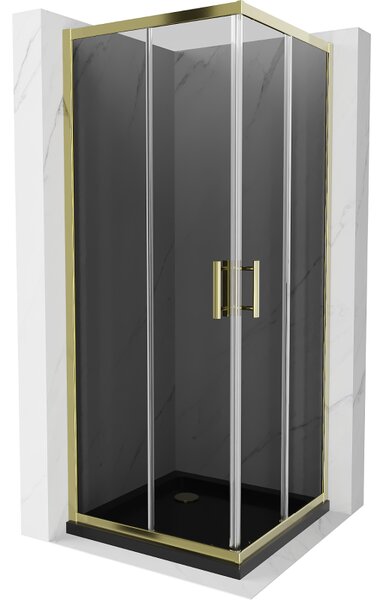 Mexen Rio, szögletes zuhany tolóajtóval 70 (ajtó) x 70 (ajtó) x 190 cm, 5mm szürke üveg, arany profil + fekete SLIM zuhanytálca, 860-070-070-50-40-4070G
