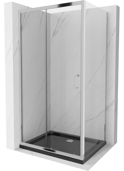 Mexen Apia zuhanykabin tolóajtóval 90 (ajtó) x 70 (fal) cm, 5mm átlátszó üveg, króm profil + fekete zuhanytálca króm szifonnal, 840-090-070-01-00-4070