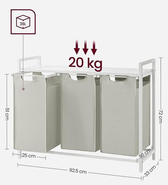 Szennyestartó, 3 rekeszes szennyeskosár fém kerettel, fehér| VASAGLE