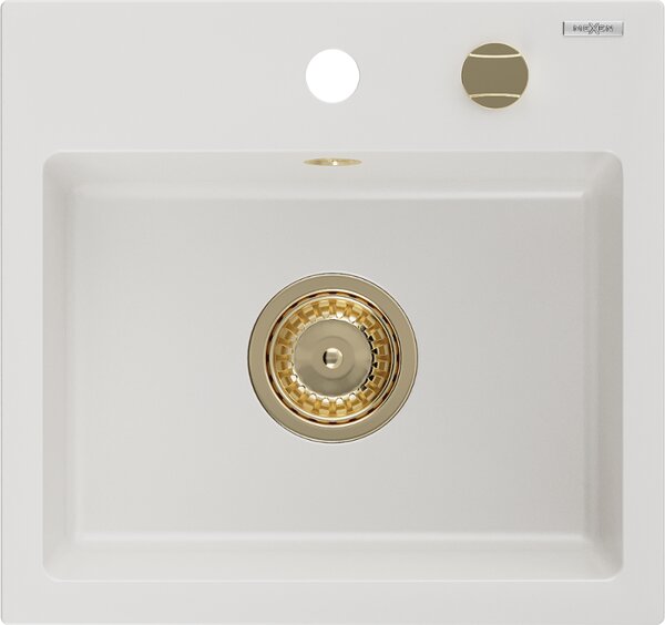Mexen Milo, gránit mosogató 435x410x171 mm, 1 kamrás, fehér, arany szifonnal, 6505441000-20-G