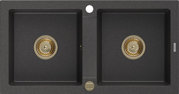 Mexen Mario, gránit mosogató 820x436x161 mm, 2 kamrás, fekete foltos arany szifonnal, 6504822000-76-G