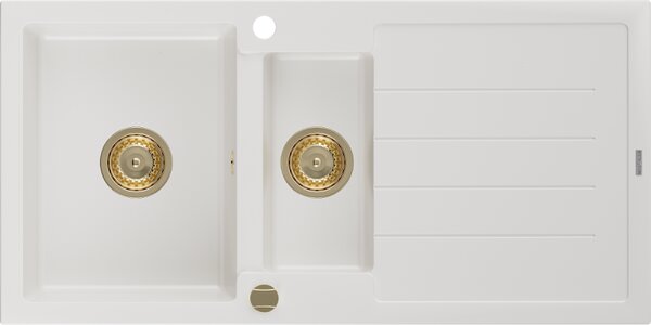 Mexen Andres, gránit mosogató 1000x500x200 mm, 1,5 kamrás, fehér, arany szifonnal, 6515101510-20-G