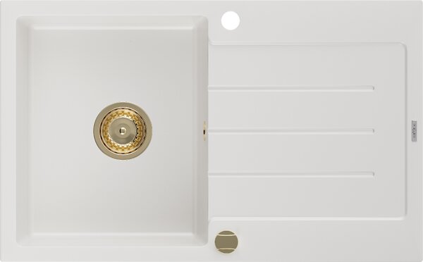 Mexen Bruno, gránit mosogató 795x495x200 mm, 1 kamrás, fehér, arany szifonnal, 6513791010-20-G