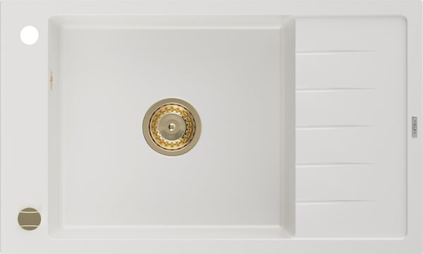 Mexen Elias, gránit mosogató gránit 795x480x200 mm, 1 kamrás, fehér, arany szifonnal, 6511791005-20-G