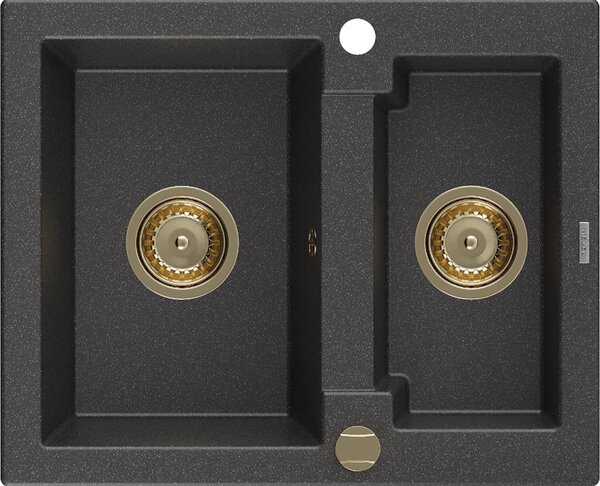 Mexen Carlos, gránit mosogató 582x475x177 mm, 1,5 kamrás, fekete foltos arany szifonnal, 6518581500-76-G