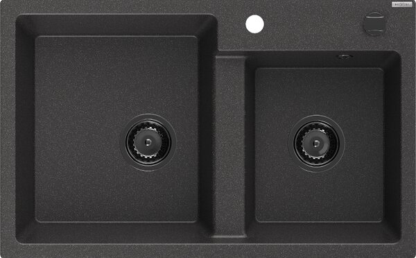 Mexen Tomas, gránit mosogató 800x500x190 mm, 2 kamrás, fekete foltos fekete szifonnal, 6516802000-76-B
