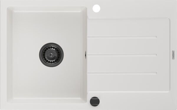 Mexen Bruno, gránit mosogató 795x495x200 mm, 1 kamrás, fehér, fekete szifonnal, 6513791010-20-B