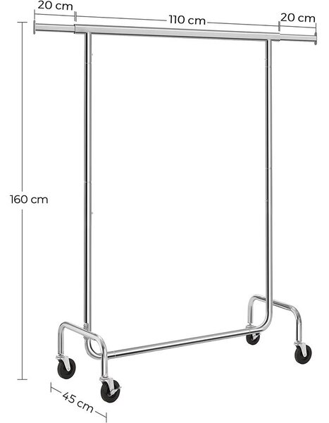 Nagy teherbírású fém ruhatartó, max terhelhetőség 130 kg, ruhaállvány kerekeken, hossza 110-150 cm