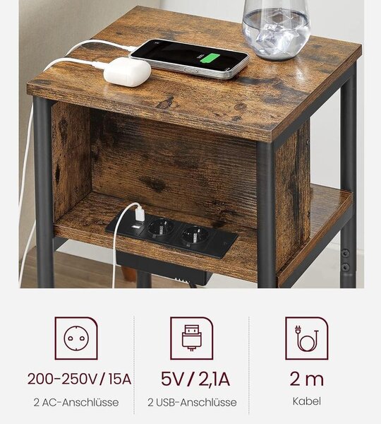 Oldalsó asztal, éjjeliszekrény, USB port bemenettel, barna/fekete