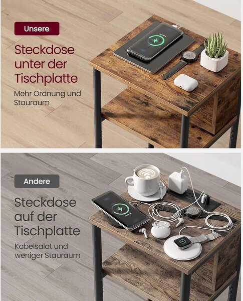 Oldalsó asztal, éjjeliszekrény, USB port bemenettel, barna/fekete