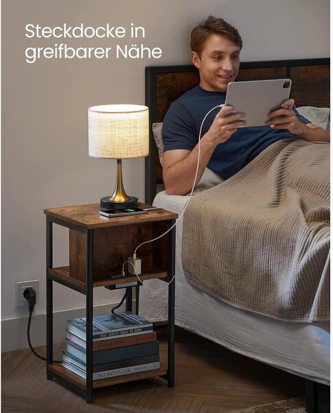 Oldalsó asztal, éjjeliszekrény, USB port bemenettel, barna/fekete
