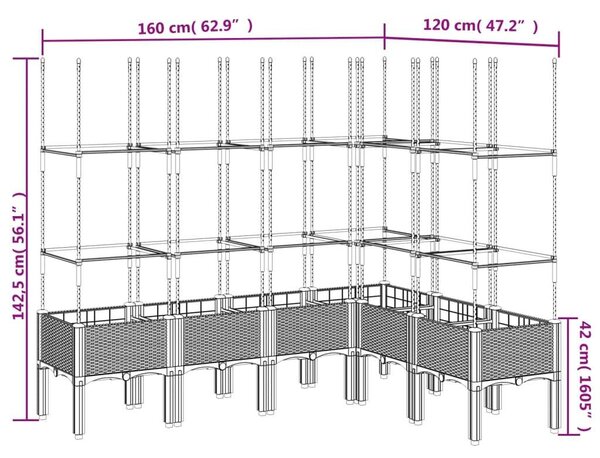 VidaXL szürke PP rácsos kerti ültetőláda 160 x 120 x 142,5 cm