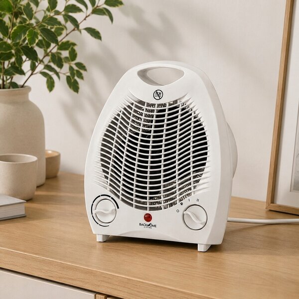 Elektromos fűtőtest ventilátorral és biztonsági kapcsolóval, fehér