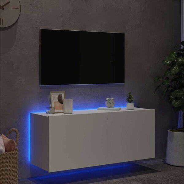 Fehér falra szerelhető TV-szekrény LED-lámpákkal 100x35x41 cm