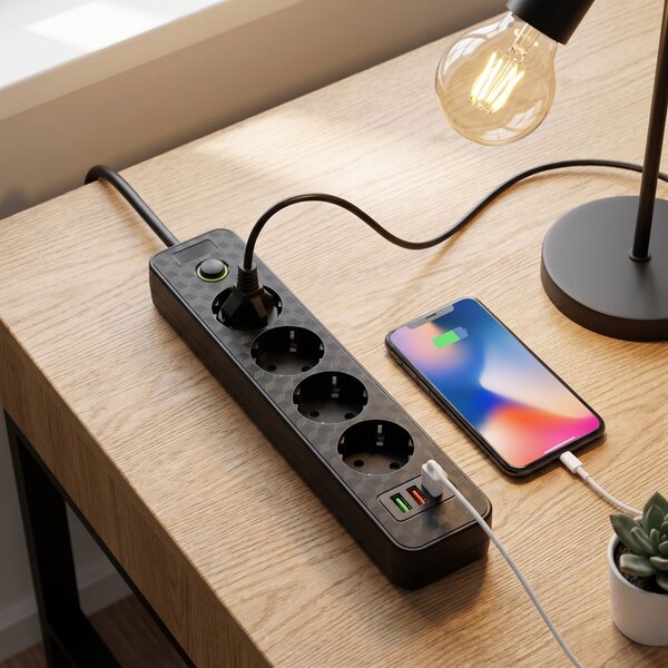 Toolight Toollight, JNH021-4A, elosztósáv 4 aljzat + 2× USB-A + USB-C, 1,8 m, fekete, OSW-56200