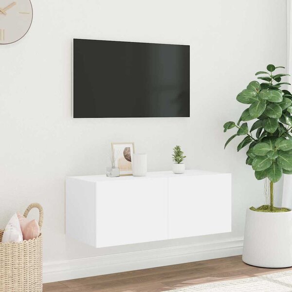 Fehér falra szerelhető TV-szekrény LED-lámpákkal 80x35x31 cm