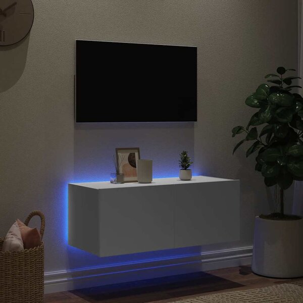 Fehér falra szerelhető TV-szekrény LED-lámpákkal 80x35x31 cm